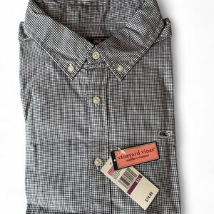 🎄 NWT Vineyard Vines Classic Whale Micro Gingham Shirt XXL Navy/White